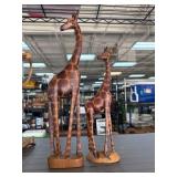Hand-Carved Wooden Giraffe Sculptures Pair