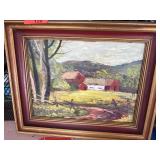 Framed Landscape Oil Painting of Red Barns