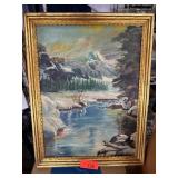 Framed Landscape Oil Painting With Winter Scene