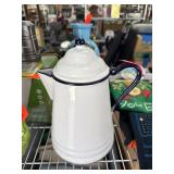 White Enamelware Coffee Pot With Blue Trim