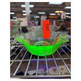 Green Uranium Glass Dish with Handles