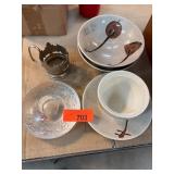 Bowls, Metal Holder, and Glassware