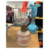 Frosted Glass Oil Lamp with Red Floral Design
