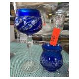 Two Cobalt Blue Glass Items with Cut Patterns