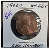 1950-s Lincoln Cent MS66+ Gem Rainbow