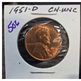 1951-D Lincoln Wheat Cent in CH. UNC Condition