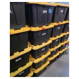 Five Black Storage Totes with Yellow Lids
