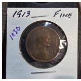 1913 Lincoln Wheat Cent Graded as Fine