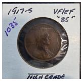 1917-S Lincoln Wheat Cent in VF/EF 35 Condit
