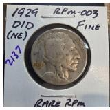 1929-D/D Buffalo Nickel RPM-003 Fine Condition