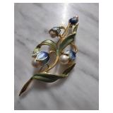 Floral Brooch With Enamel and Pearl Accents
