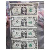 1985 Uncut Gem Uncirculated $1 Bills Panel