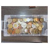 Plastic Bin with Assorted World Coins