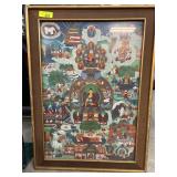 Framed Tibetan Thangka Painting with Religious Sce
