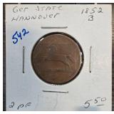 1852 Hannover 2 Pfennig Coin
