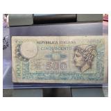Italian 500 Lire Banknote with Winged Figure