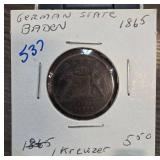 1865 German State Baden 1 Kreuzer Coin