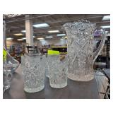 Cut Glass Pitcher With Two Matching Tumblers
