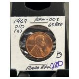 1969 D/D Lincoln Cent RPM-003 65RD in Holder