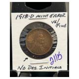 1918-D Mint Error Lincoln Wheat Cent