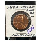 1963-D Lincoln Cent DDO-005 Rare Double Die