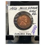1950 Lincoln Cent Mint Error with Clashed Dies