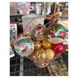Vintage Christmas Ornaments in Basket
