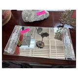 Rectangular Glass Mirror Tray with Floral Accents
