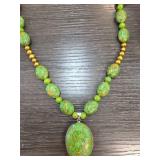 Green Beaded Necklace With Oval Pendant