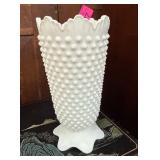 White Milk Glass Hobnail Vase with Scalloped Edge