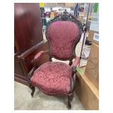 Ornate Carved Wood Armchair With Red Upholstery