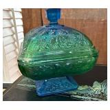 Jeanette Acorn Blue and Green Glass Covered Dish