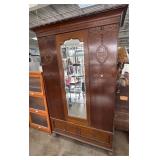 Antique Wooden Wardrobe With Mirror and Carved Det