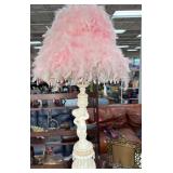 Lamp with Pink Feathered Shade and Cherub Motif