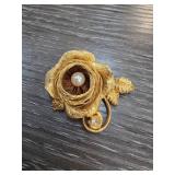 A C Co Gold-Toned Floral Brooch with Pearl Center