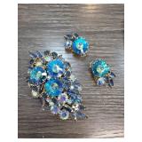 Rhinestone Floral Brooch and Clip-On Earrings Set
