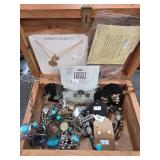 Wooden Box With Assorted Costume Jewelry