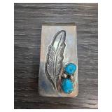 Silver Money Clip With Feather and Turquoise