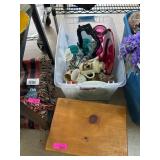 Plastic Bin with Assorted Items and Wooden Stool