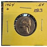 1964 D Jefferson Nickel in Stapled Holder