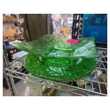 Green Glass Plate and Bowl Set with Leaf Motif