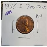 1955-S Lincoln Wheat Red Cent in AU