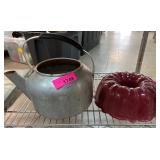 Metal Teapot and Red Bundt Pan Combo