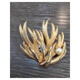 Brooks Gold-Tone Leaf Brooch with Pearl Accent