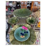 Five Green Leaf Pottery Plates and Bowls