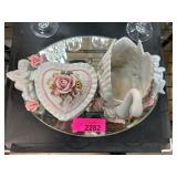 Porcelain Heart Trinket Box and Swan Figurine Set