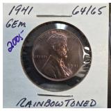 1941 Lincoln Cent in Rainbow Toning
