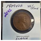 1909 VDB Lincoln Wheat Cent, VG/Fine Condition