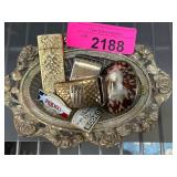 Decorative Metal Dish With Vtg Belt Buckle Lighter