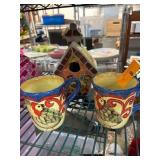 Ceramic Rooster-Themed Mug Pair and Birdhouse